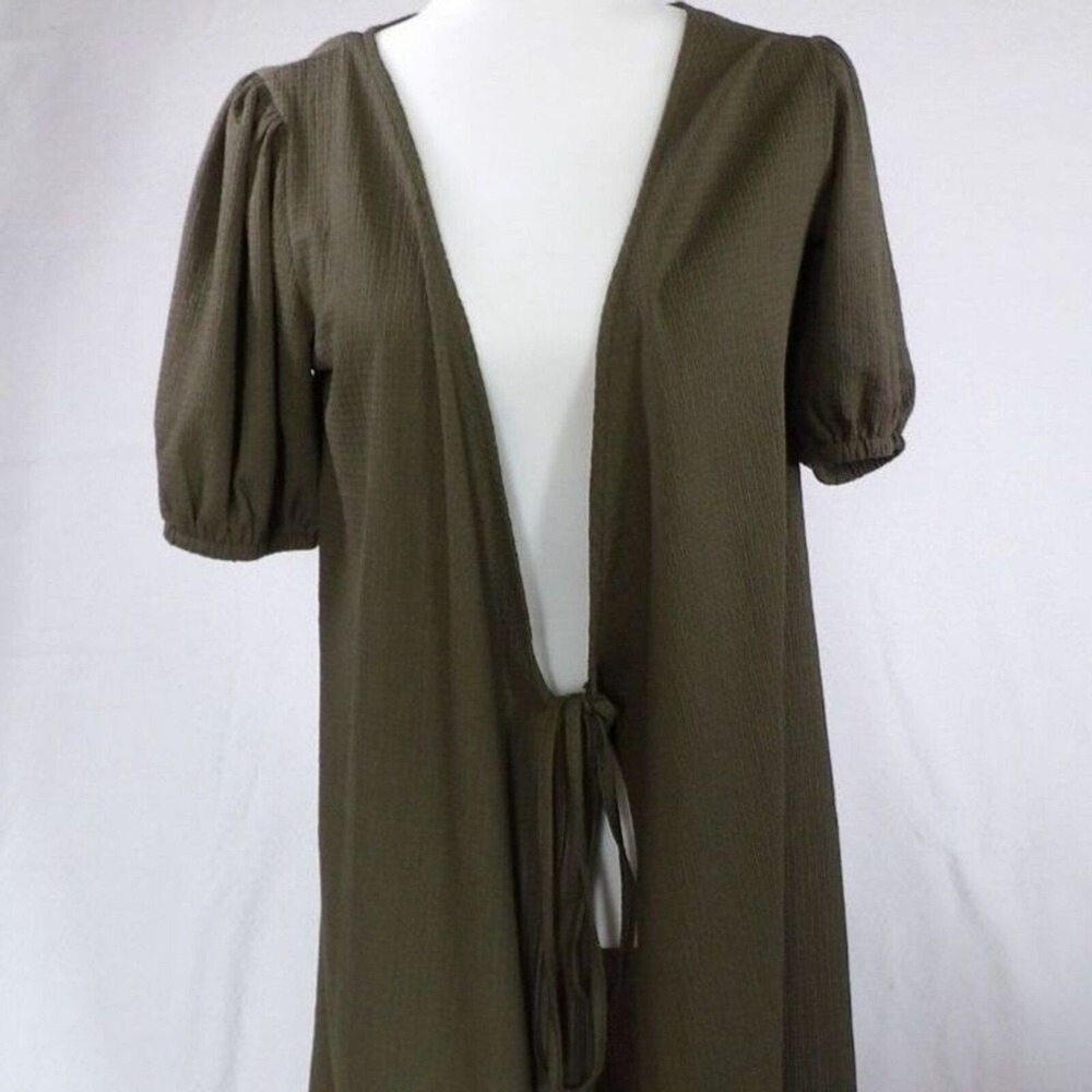 LASCANA Cardigan Cover Up Women XL Olive Green Tie-Front Puff Sleeve Ribbed - Picture 2 of 11